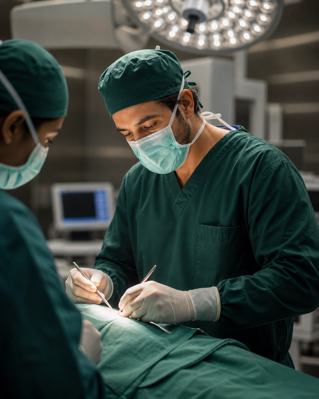 Médico realizando uma cirurgia em centro cirúrgico moderno